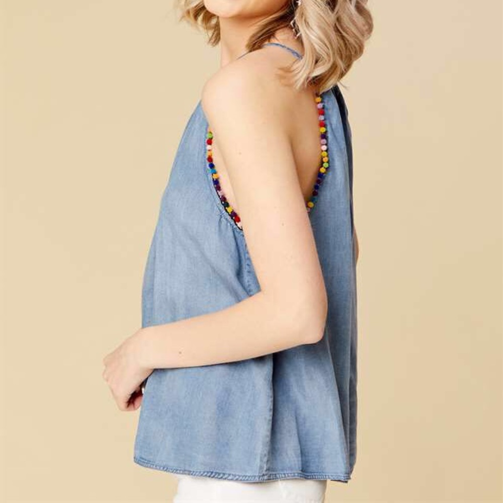 Altar’d State Denim Tank Top with Pom Pom’s